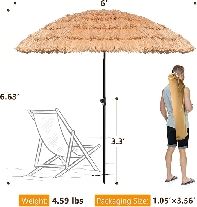 6/6.5/7.5/8ft Tiki Umbrellas for Outside, UV Protect Thatch Umbrella with Tilt Design, Thatch Patio Umbrella for Outdoor Tiki Bar, Tropical Palapa Tiki Hut Hawaiian Hula Beach Umbrella