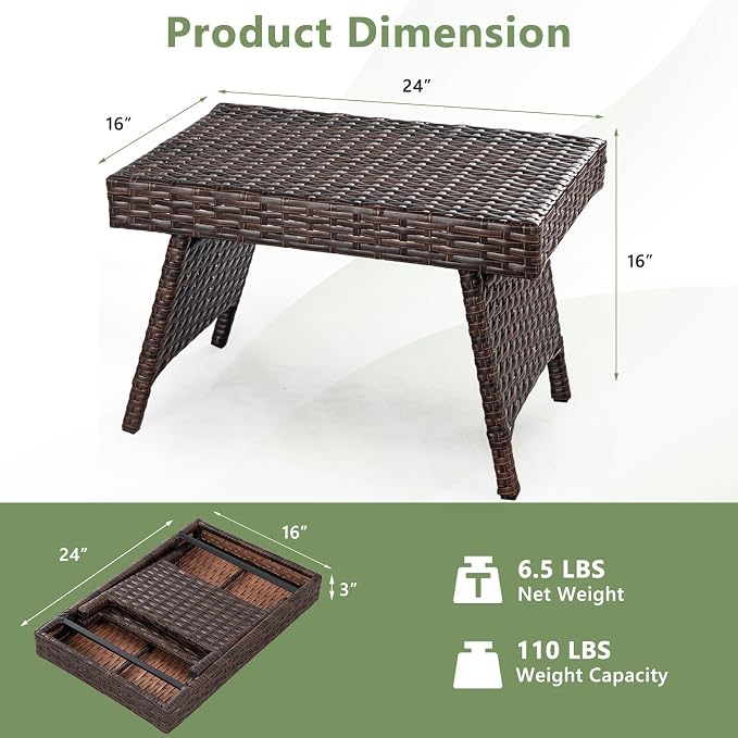 Outdoor Side Table for Patio, Folding PE Rattan End Table with Metal Frame, Portable Wicker Coffee Table for Garden Porch Balcony Deck Poolside (Brown)
