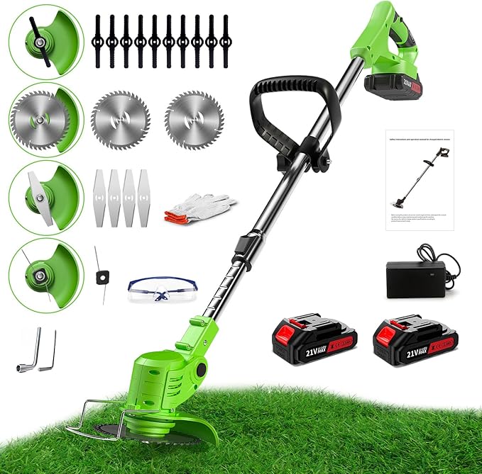 Cordless String Trimmer, 21V Electric Weed Trimmer Battery Powered with 2X 2.0 Ah Batteries, 3 in 1 Stringless Grass Trimmer/Lawn Edger/Brush Cutter, 3 Types Blade, for Yard Lawn