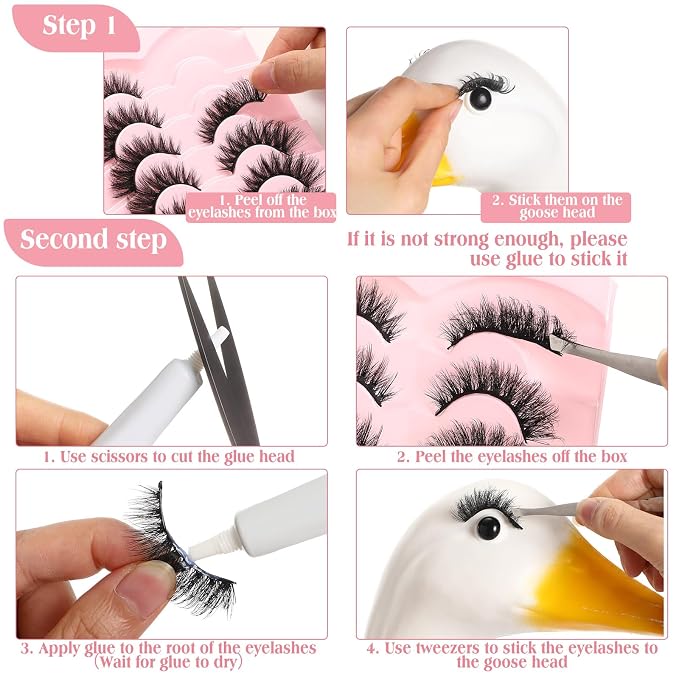Geelin 7 Pcs Porch Goose Outfit Eyelash for 23/17'' Plastic Lawn Goose Statue Reusable Mink Fake Lashes End 3D Salon Eyelashes for Lawn Patio Art Decoration(Classic,Black)