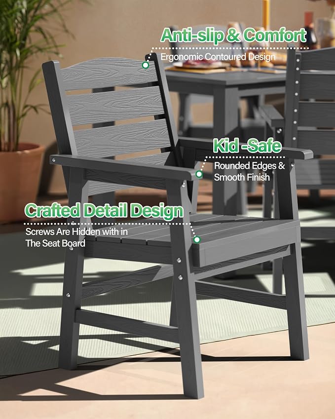 YEFU HIPS Outdoor Chairs Set of 2: All-Weather Outdoor Dining Chairs with Wide Seat and Armrests - Heavy-Duty Patio Dining Chair Low Maintenance Modern Outside Furniture for Deck/Backyard/Pool Grey