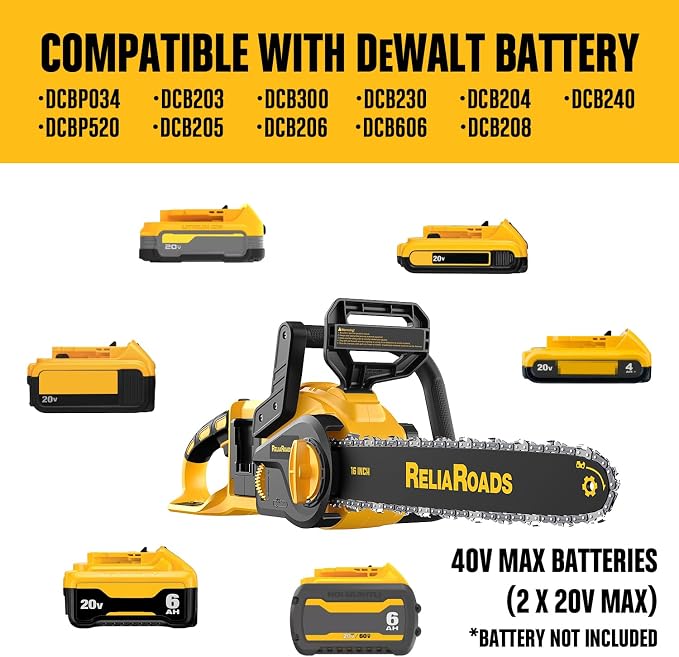 ReliaRoads 16-Inch Brushless Chainsaw, 40V (2 x 20V MAX) Cordless Battery Powered Chain Saw Kit (Includes 2 Chains) Compatible DeWALT Battery for Wood/Tree Cutting and Pruning (Battery Not Included)