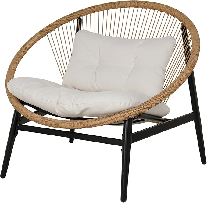 Grand patio 1-Piece Wicker Outdoor Chair, Patio Oversized Chair with Beige Cushion, Outdoor Furniture Set for Porch Balcony Deck Garden