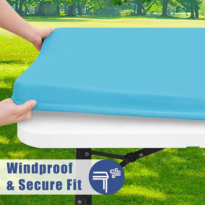 Moosfor Spandex 8 Foot Rectangle Table Cloth 2 Pack, Elastic Fitted Tablecloths for Picnic, Stretch Washable Patio Table Cover for Outdoor, Camping, Banquet and Parties (Blue Mist, 30"x96")