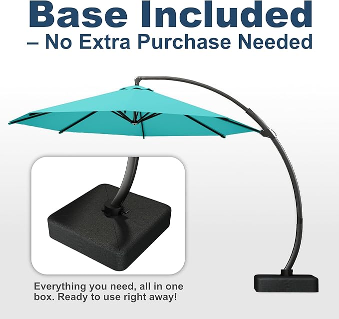 11FT Cantilever Umbrella with Base Large Curvy Outdoor Aluminum Offset Umbrella w/ 360° Rotation, UV Resistant Canopy for Patio, Garden, Backyard, Aqua Blue