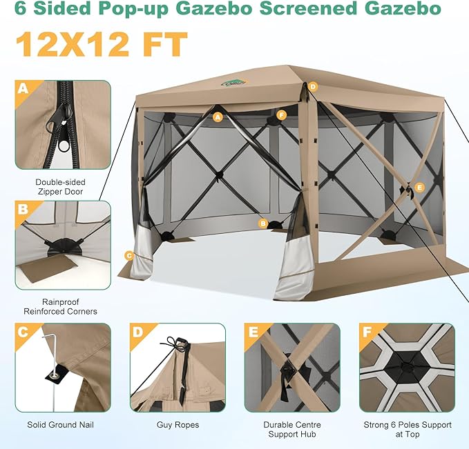 COBIZI 12x12 FT Pop Up Canopy Extendable Tent, Gazebos On Clearance with Removable Roof,Screened in Gazebo,Screen Tents Portable carpas para Patio for Outdoor Camping,Backyard, Garden,Khaki(Upgraded)
