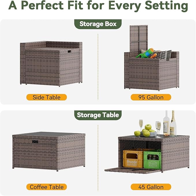 Aoxun 8 Piece Patio Furniture Set, Wicker Rattan Outdoor Furniture Set with Storage Box and Glass Top Table, Patio Sectional Set with Thick Cushions, Beige