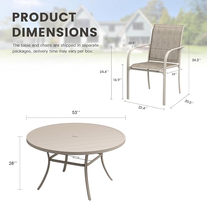 Patio Table and Chairs Set for 8, Outdoor Dining Set with 8 Stackable Dining Chairs and 53" x 53" Metal Slatted Round Dining Table for Porch, Deck, Lawn, Garden, Sandshell