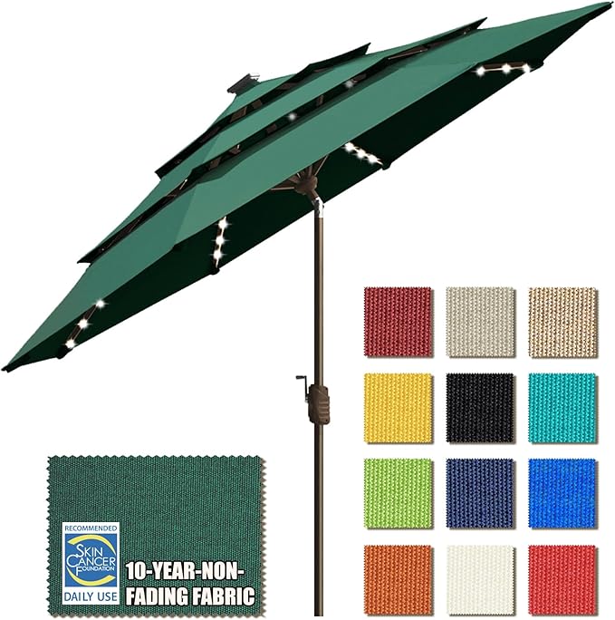 EliteShade USA 10-Year-Non-Fading 9ft 3-Tier Market Patio Umbrella, Commercial Table Umbrella with 80 Solar LED Lights, Crank Open, Windproof & UPF 50+ UV Protection for Garden, Deck, Pool, Backyard, Forest Green