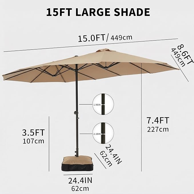 15FT Large Double Sided Patio Umbrella with Base, Aluminum Crank and Heavy Duty Carbon Steel Ribs Outdoor Umbrellas, Fade Resistant Rectangular Market Umbrella for Pool, Deck, Commercial, Backyard, Patio, Rental, Beige