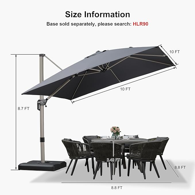 PURPLE LEAF 10’ X 10‘ Patio Umbrella Outdoor Cantilever Umbrella, Aluminum Offset Umbrella with Champagne Frame and 360° Rotation for Pool Deck Garden, Grey