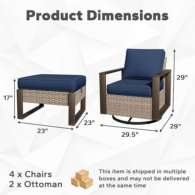Joyside Outdoor Patio Swivel Rocker Chairs, 5 Pieces Wicker Furniture Set, 2 Swivel Rocking Chairs and 2 Ottoman, Metal Wide Armrest, Thick Cushions and Deep Seating for Garden, Backyard, Porch, Deck