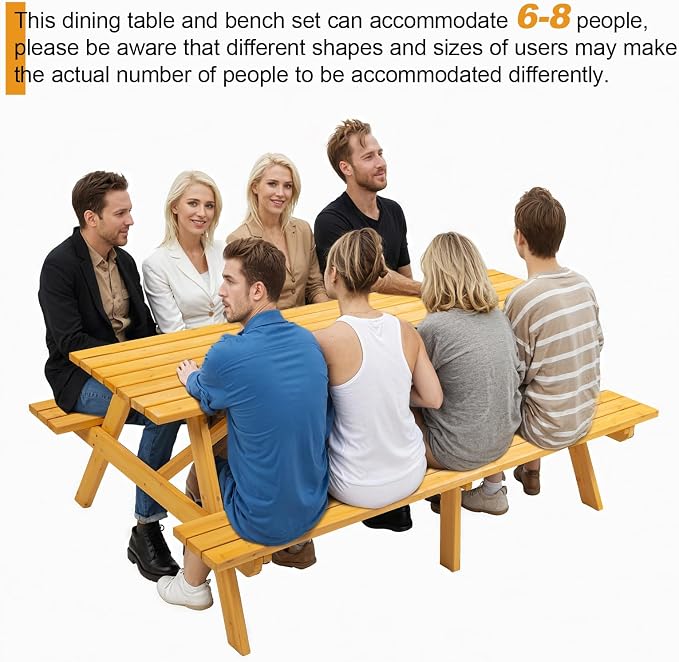 75-Inch 8-Seater Yellow Wooden Picnic Table with 2 Built-in Benches, Heavy-Duty Outdoor Dining Table for Garden, Camping & Patio, 2220lb Weight Capacity, Easy DIY Assembly