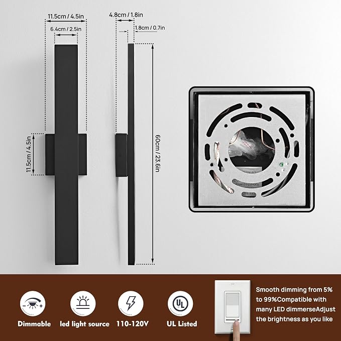 23.6inch Long Outdoor Modern LED Wall Light,24W Warm White 120V Wall Mount Lighting Fixture Black Wall Lights Porch Lights Wall Sconce for House, Long LED Linear Outside Lighting for Garage, Entryway