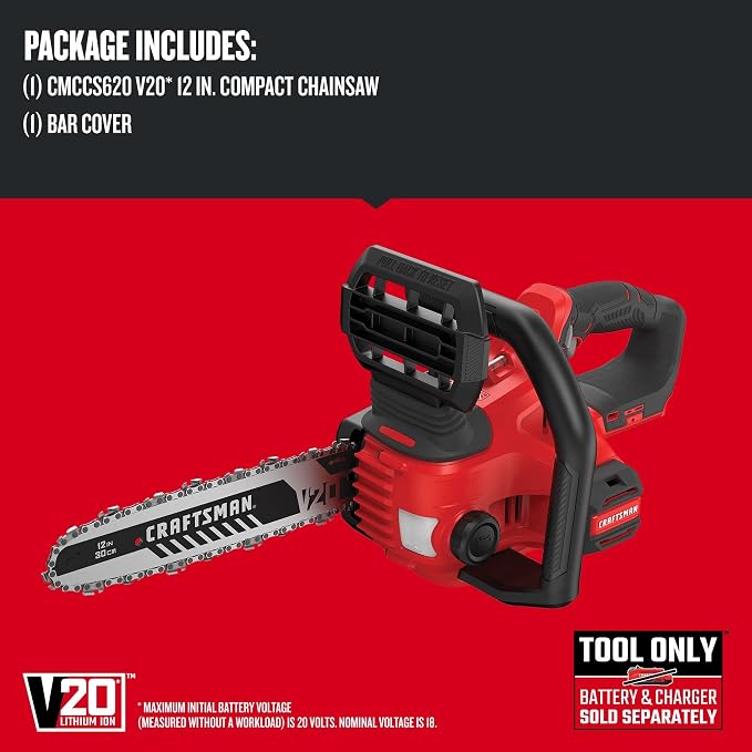 CRAFTSMAN V20 Mini Chainsaw, Cordless, 12 inch, Bare Tool Only (CMCCS620B)