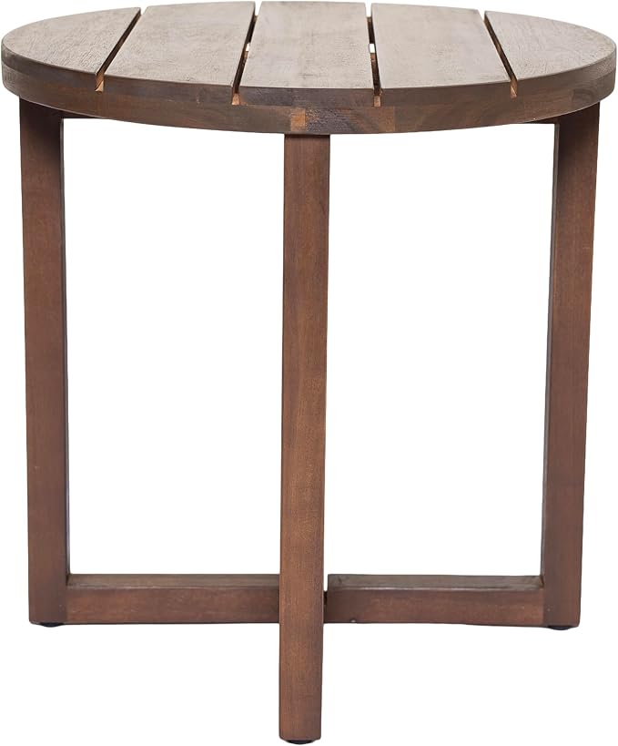 Merax Acacia Outdoor Wood Round Accent Side Table, Cross Base Design with Slat Detailing, Weather-Resistant, Dark Oak