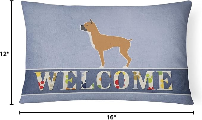 Caroline's Treasures BB5557PW1216 Boxer Welcome Canvas Fabric Decorative Pillow Machine Washable, Indoor Outdoor Decorative Pillow for Couch, Bed or Patio, 12HX16W