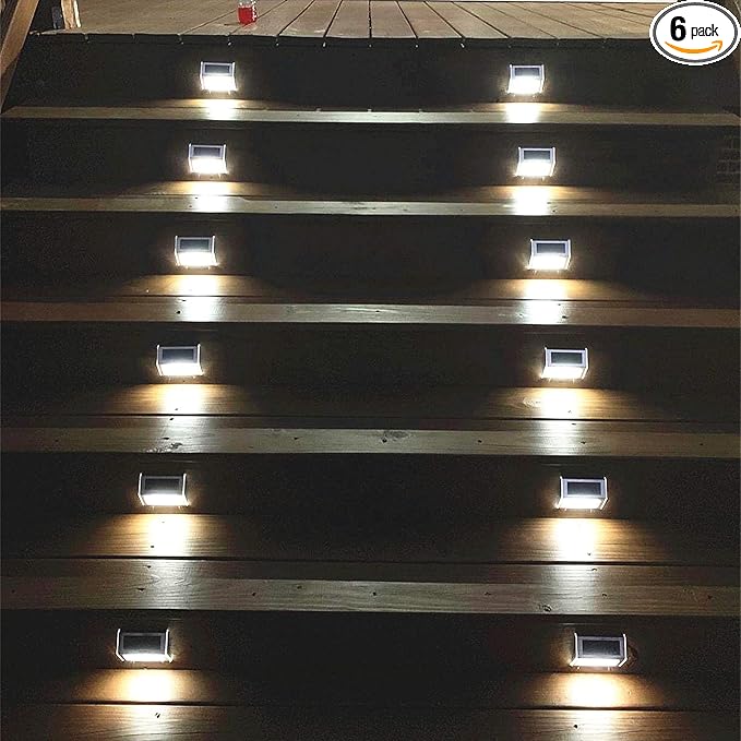 Solar Lights Outdoor Waterproof Deck Light, Solar Stair Lights Outside LED Step Lighting Stainless Steel for Paths Patio Garden Yard, Pack of 6