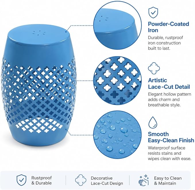 12" Outdoor Side Table, Decorative Cutout Metal Round Side Table, Multi Functional - Coffee Table, Night Stand, Plant Stand for Patio, Garden, Backyard, Gazebo Indoor (Blue)