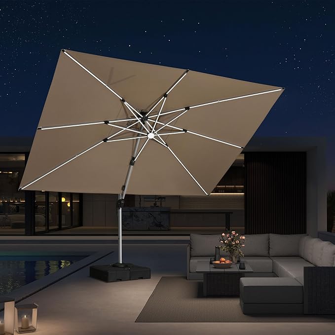 PURPLE LEAF 9' X 12' Solar Powered LED Patio Large Umbrella Offset Double Top Hanging Umbrella Outdoor Market Umbrella for Garden, Spectrum Sand