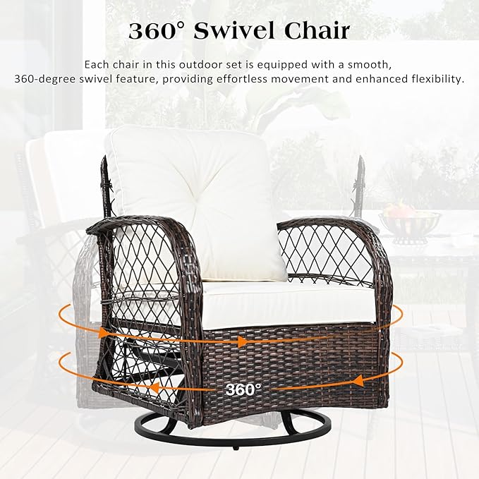 3-Piece Outdoor Chair&Table Set Chat Set, Patio Wicker Chairs Swivel Rocker, Patio Conversation Set with Two Swivel Chairs and a Square Table, 2-Person Rattan Seating Groupfor Deck Backyard, Brown