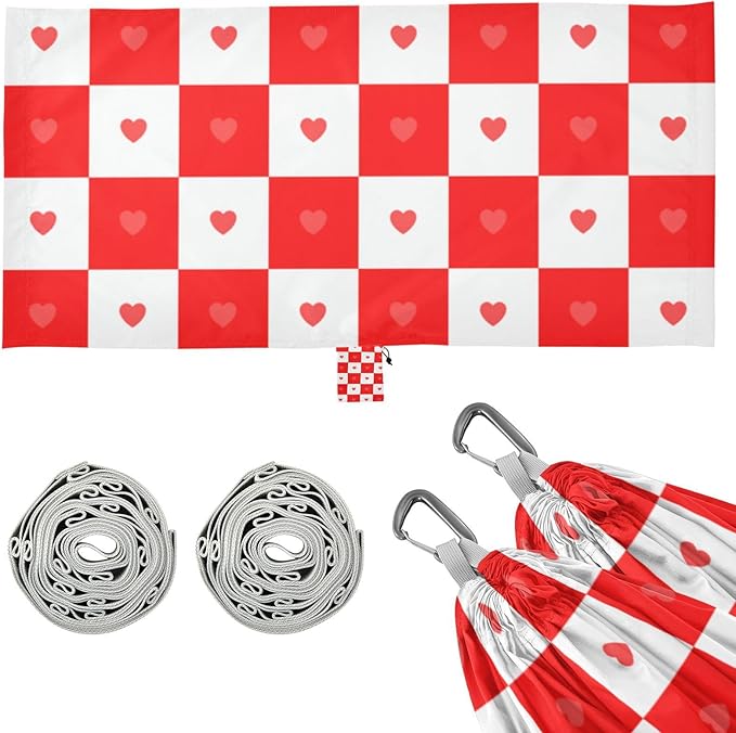 Buffalo Plaid Check Red White Heart 330lb Capacity Outdoor Hammocks with Hanging Rope Portable Hammock for Outside Patio Backyard Poolside Base de hamaca para adultos
