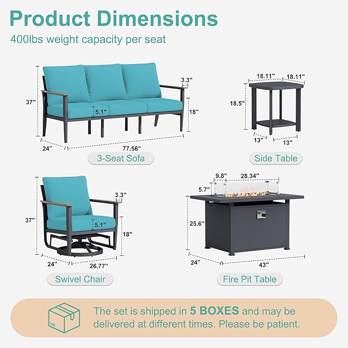7-Seat Outdoor Patio Furniture Set with Rocking Swivel Chairs, Aluminum Sectional Sofa Patio Conversation Set with 55,000 BTU Fire Pit Table & High Backrest & Thickened Cushions, Turquoise