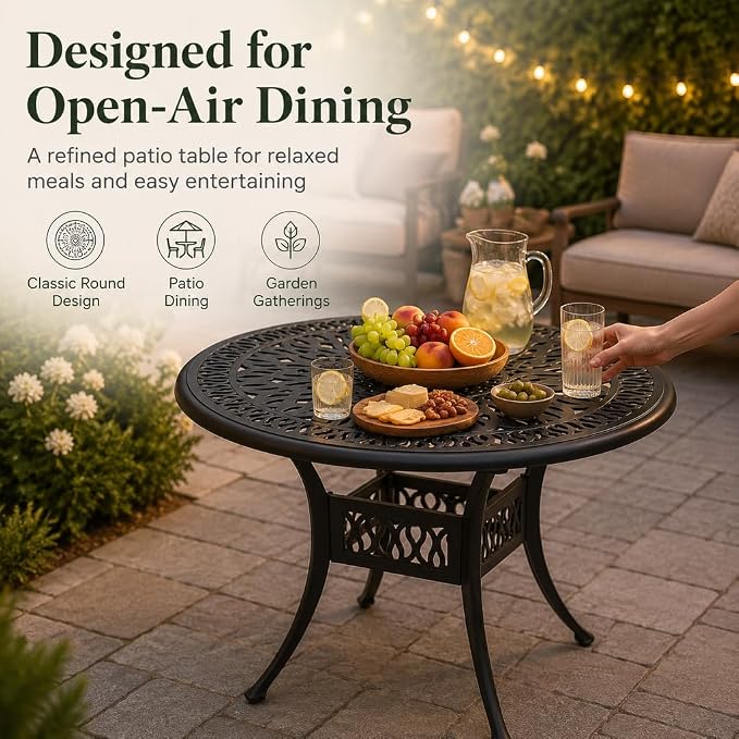 IRONORA 35 Inch Outdoor Dining Table Cast Aluminum, Patio Round Bistro Table with Umbrella Hole for Backyard, Garden, Patio, Porch, Poolside