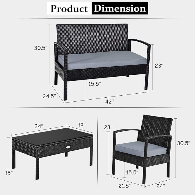Outdoor Conversation Set 4 Pieces Patio Furniture, Wicker Patio Chair Sofa Set with Water-Resistant Gray Cushion & Tempered Glass Table for Backyard, Balcony, Porch(Black)