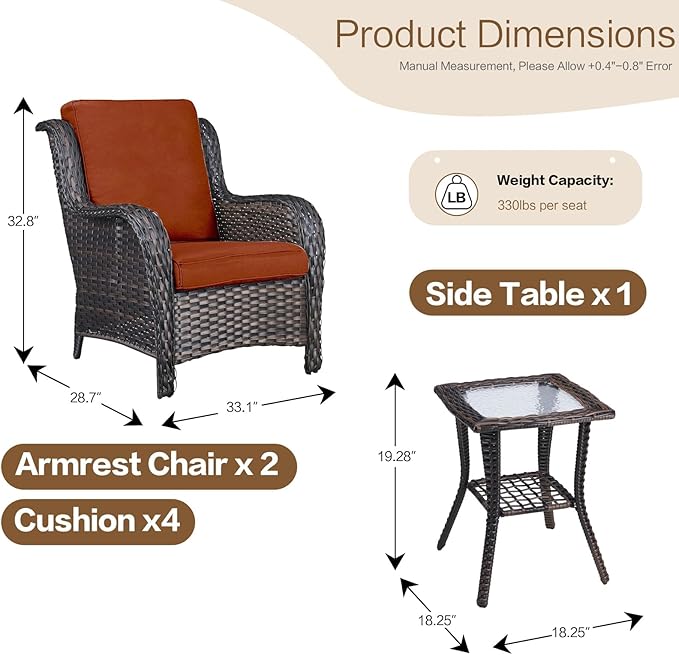 3 Pieces Patio Furniture Conversation Set PE Rattan Wicker Outdoor with 2 Armrest Chair and 1 Coffee Side Table, Soft Thick Washable Cushion for Yard Backyard Poolside Garden (Brown/Orange)
