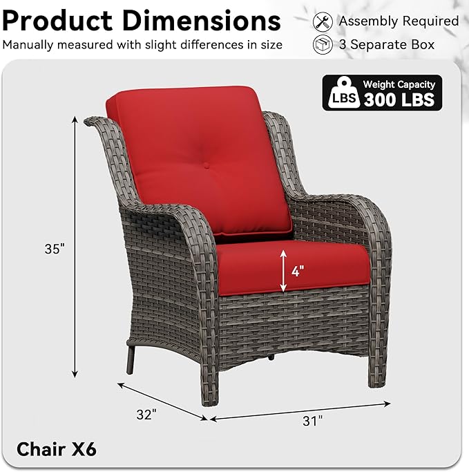 6 Piece Outdoor Wicker Patio Furniture Set, Patio Chairs Set with Thickened Olefin Cushions, High Back and Deep Seating, Hand-Woven PE Rattan for Porch, Deck