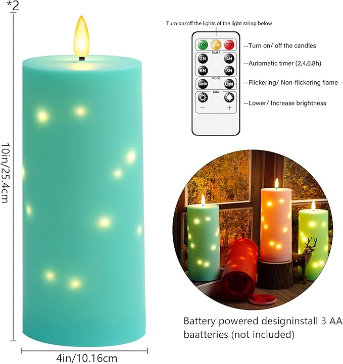 kakoya 10" x 4" Large Outdoor Waterproof Flickering Flameless Candles with Timer,2Pcs Battery Operated LED Pillar Candles with Embedded Star String for Outdoor Lanterns,Porch,Patio Decor(Blue)