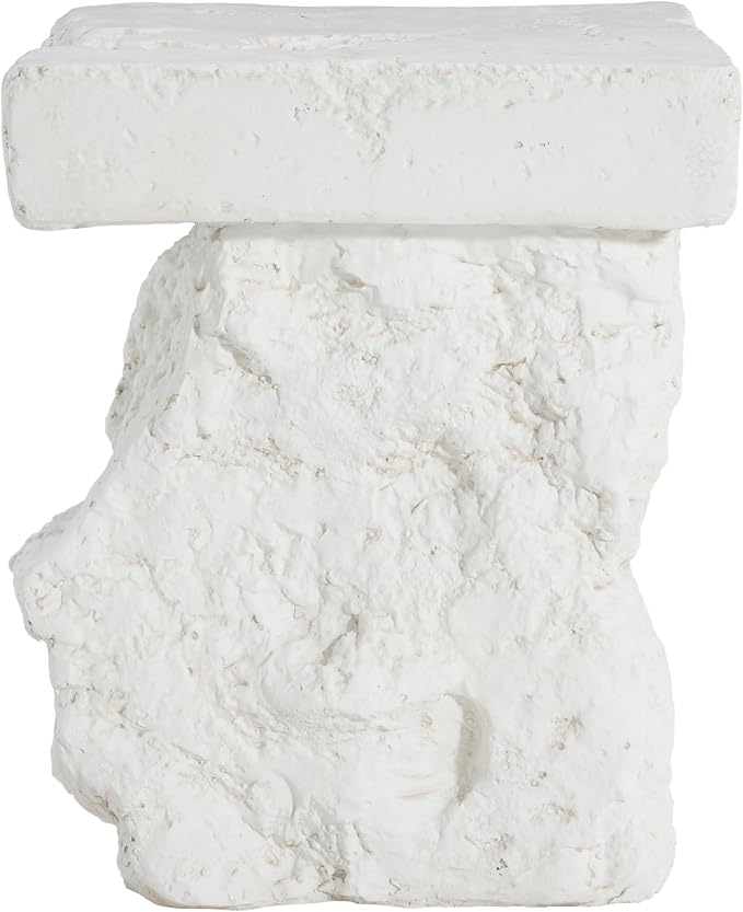 Christopher Knight Home Nataly 18.75" H Small Outdoor Side Table, Carved Garden Stool with Stone Block Shape, Lightweight Concrete End Table, Patio Decorative Home Stool for Balcony Backyard, White