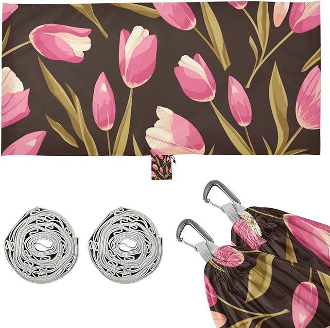 Pink Tulipa Green Leaves Flat Illustration Style 330lb Capacity Outdoor Hammocks with Hanging Rope Rope Hammock for Indoor Outdoor Patio soporte para hamacas para adultos