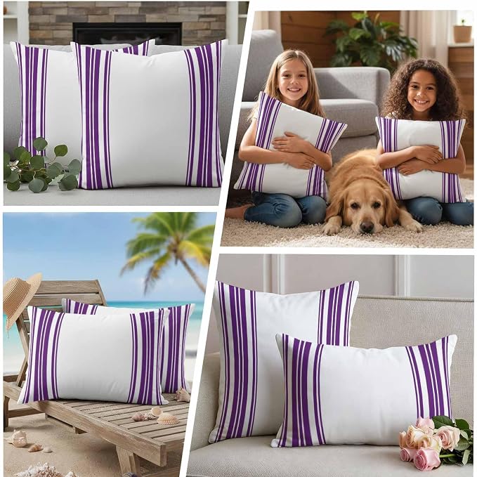 Outdoor Waterproof Throw Pillow Covers Set of 2 Purple Stripes Pillowcases 18x18 Inches White Vertical Striped Decorative Pillows Cushion Case Patio Pillows for Couch Bed Chair Garden