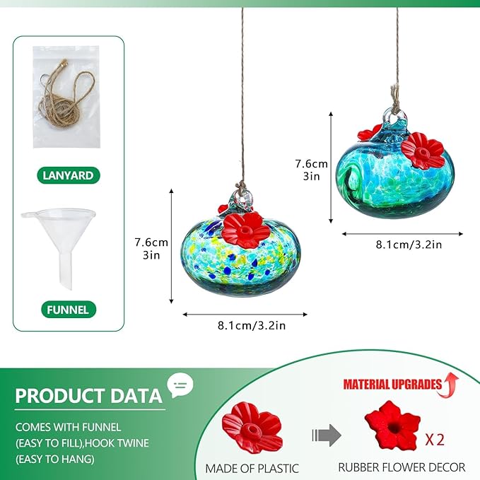 2pcs Small Glass Hummingbird Feeders for Outdoors Humming Bird Feeder with 2 Flower Feeding Ports for Window Garden Patio Decor Blown Glass Hummingbird Feeder for Outside Never Leak
