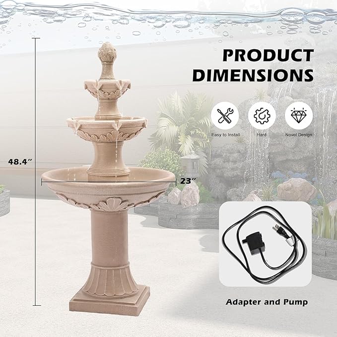 Italian Outdoor Fountains and Waterfalls, 48.4" H Bubbler Floor Waterfall Fountain with Pineapple Top and Pump, 3 Tiered Garden Water Fountain for Patio Backyard Deck and Home Decor