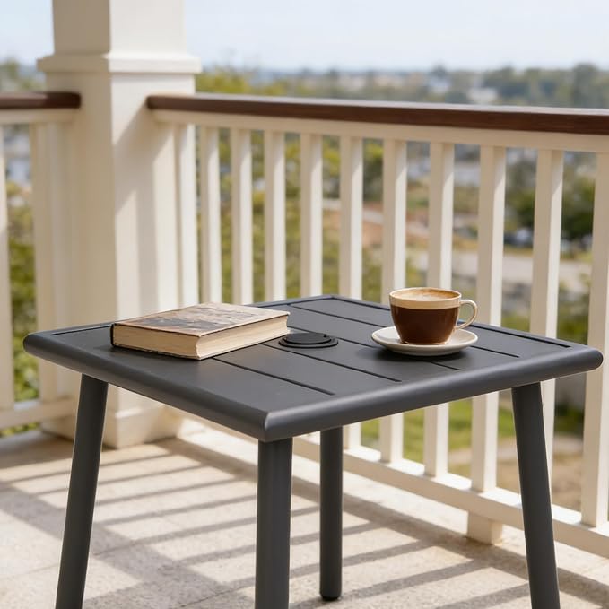 Small Metal Outdoor Side Table with Umbrella Hole Set of 2, Sqaure Patio Coffee Bistro Table End Table, Umbrella Table with Hole for Poolside Yard Porch Deck Balcony,19.7x19.7 inches, Gray