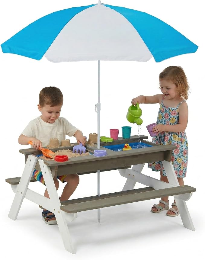 3-in-1 Kids Picnic Table with Umbrella, Convertible Sand and Water Table Outdoor Picnic Table for Outdoor Backyard Patio Play