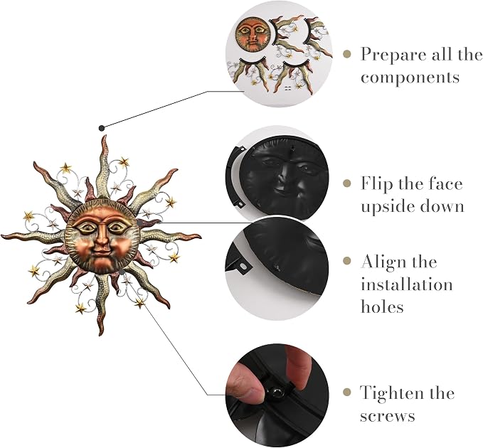 TERESA'S COLLECTIONS Sun Metal Wall Art for Outdoor Decor,32" Bronze Sun Face 3D Wall Decor for Garden Decor,Rustic Retro Hanging Sculpture for Outside Living Room Home Patio Farmhouse Gifts for Mom