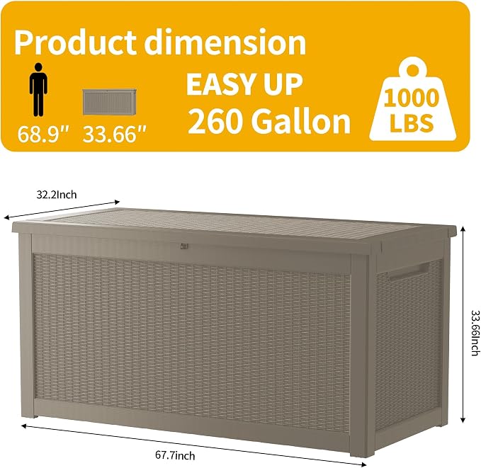 MONDAWE 260 Gallon Resin Deck Box Waterproof Outdoor Storage Box Lockable Patio Storage Container Bench Seating for Cushions Garden Tools Pool