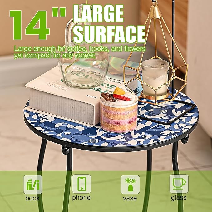 Patio Side Tables, 14"" Indoor Outdoor Metal Side Table for Poolside Bistro Balcony Yard Porch Bedside, Weather Resistant Metal Accent Table for Indoor Outdoor Use, Easy Assembly (Blue)