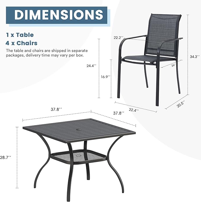 DIFY 5 Pieces Outdoor Dining Table Chair Set, Patio Dining Set with 1 Black Square Curved Legs Table with and Umbrella Hole & 4 Grey Stackable with Armrests Chairs for Lawn, Garden, Porch