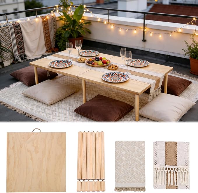 Folding Picnic Table with Boho Table Runner & Large Picnic Blanket, 60" x 30" Portable Wooden Picnic Table with Adjustable Heights for Indoor & Outdoor, Ideal for Camping, Beach, Wedding & Party