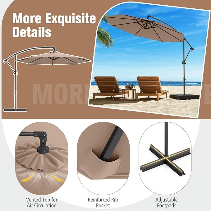 Tangkula 10 FT Patio Offset Umbrella, Hanging Cantilever Umbrella w/X-shaped Base & 360° Rotation, Smooth Crank Handle, Vented Top, Outdoor Market Umbrella for Backyard, Deck (Coffee)