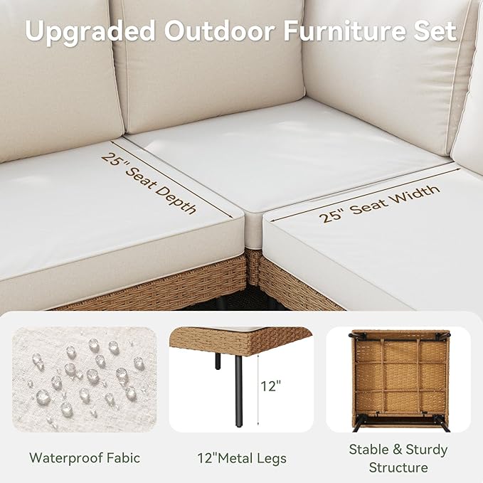 Aoxun Patio Furniture Set, 7 Piece Outdoor Sectional Sofas with Thick Cushion, Wicker Outdoor Patio Furniture Set with Coffee Table for Party, Garden, Backyard, Beige