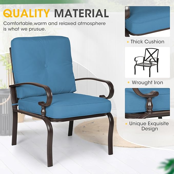Incbruce 5 Pcs(6 Seats) Outdoor Metal Furniture Sets Wrought Iron Patio Conversation Sets, (Glider, 2 Single Chairs, Loveseat, and Coffee Table) with Cushion (Peacock Blue)