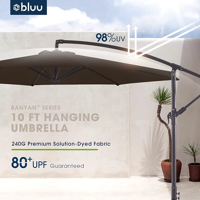 BLUU 10 FT Patio Offset Umbrella Outdoor Cantilever Umbrella Hanging Umbrellas, Fade Resistant Crank & Cross Base (Brown, 10 FT)