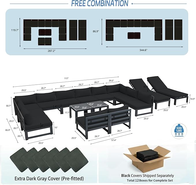 NICESOUL 16 Piece Large Modern Aluminum Patio Furniture Set, Water & Fade Resistant Modular Outdoor Conversation Set with Chaise, 500 lbs Heavy Duty Comfortable Sectional Sofa for Poolside, Black
