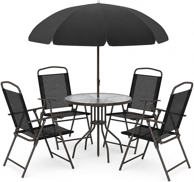 6-Piece Patio Dining Set for 4 with Umbrella, Outdoor Table and Chairs Set with 4 Folding Chairs, Round 31.5" Tempered Glass Table for Garden Backyard Poolside (Black)